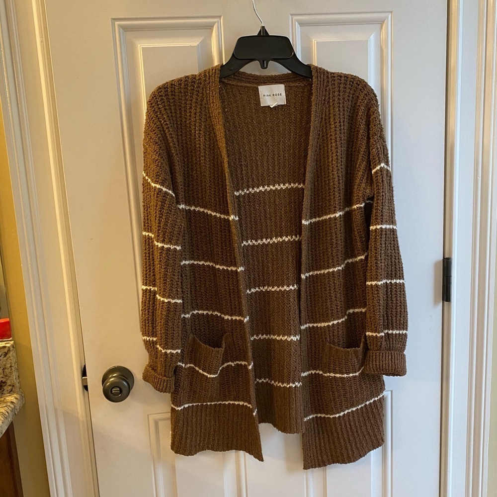 Pink Rose Brown and White Striped Cardigan